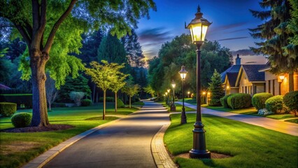 Street lamp illuminates a quiet suburban street lined with tall trees and well-manicured lawns at night under bright outdoor lighting , nighttime ambiance, outdoors lit