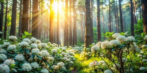 Dense forest with blooming Ledum flowers and sunlight filtering through the canopy, floral, woodland,  floral, woodland
