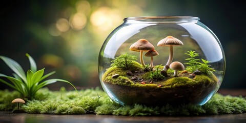 miniature ecosystem in glass terrarium , ecosystem, mushrooms,  ecosystem, mushrooms, forest scene