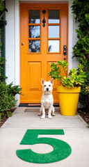 A bright orange door welcomes visitors as a small dog stands in the entryway. A bold green number 5 decorates the path beside a cheerful yellow plant pot.