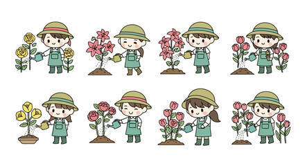 Fototapeta premium Adorable Cartoon Gardeners Watering Flowers: Cute Illustration Set