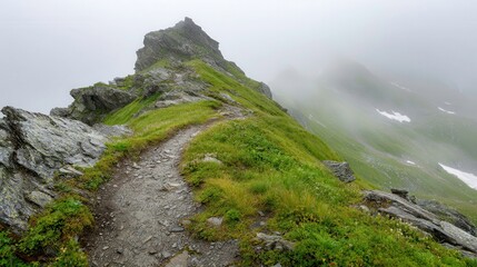 Mountain Ridge Trail in Fog, Hiking Adventure, Outdoor Exploration