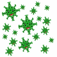 A cartoon green virus or germ with a smiling face being injected by a blue syringe, symbolizing vaccination or treatment