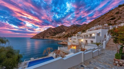 Coastal Sunset Villa Landscape, Mediterranean Architecture, Travel Destination