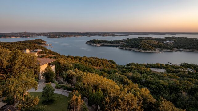 Scenic Lake Travis View at Sunset, Texas Hill Country Landscape, Real Estate