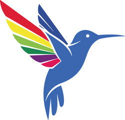 Blue Hummingbird with Colorful Rainbow Wings Vector Logo Icon