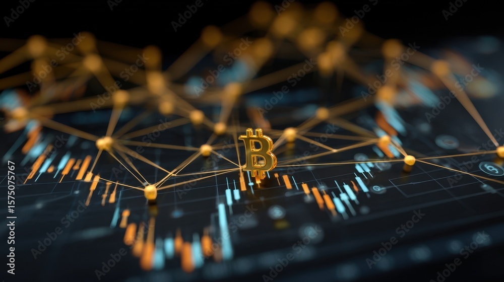 Poster an abstract representation of a bitcoin blockchain network overlaid on financial charts illustrating