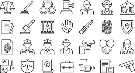 A collection of law enforcement and legal system icons in a line art style
