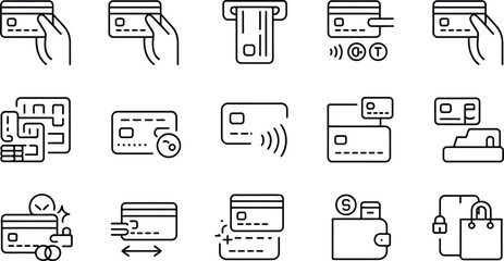 Various black outline icons depicting credit card usage and payment methods shown