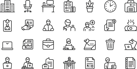 A collection of office related icons including building, desk, and office supplies