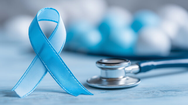 A Comprehensive Prostate Cancer Awareness Concept Featuring a Blue Ribbon and Stethoscope to Advocate Preventive Healthcare.
