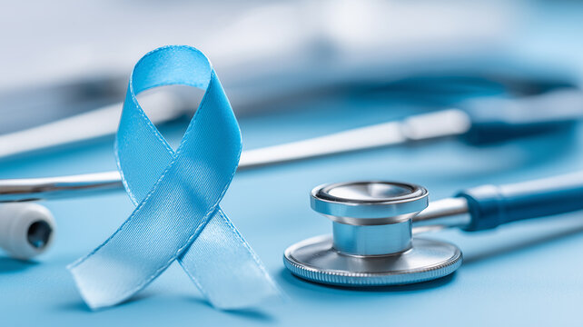 A Comprehensive Prostate Cancer Awareness Concept Featuring a Blue Ribbon and Stethoscope to Advocate Preventive Healthcare.
 - Powered by Adobe