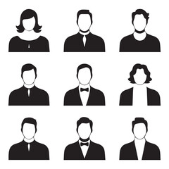Collection of nine diverse black and white silhouette profile icons representing people