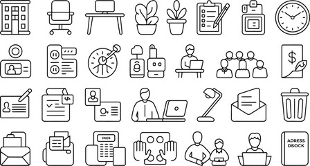 A collection of office related line art icons depicting various office supplies and people