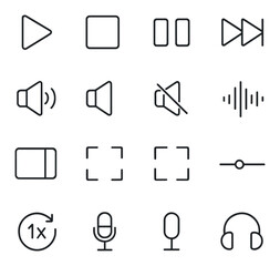 Media interface line art icons. play button, pause button, stop icon, fast forward, rewind, volume up, volume off, mute icon, audio wave, video icon, fullscreen toggle, minimize