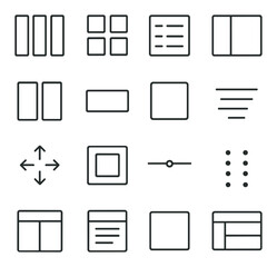 Interface layout controls line art icons. column layout, grid view, list view, sidebar toggle, split screen, full width, container box, alignment tool, spacing icon, padding
