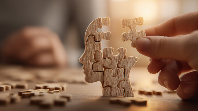 Hand Placing Final Piece in Wooden Head Puzzle Portraying Mental Health Solutions and Cognitive Growth.
