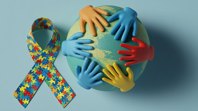 Global Autism Awareness Concept with Colorful Hands Embracing the Earth Beside a Puzzle Ribbon.