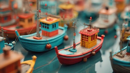 Colorful Miniature Fishing Boats on Calm Water A Delightful Collection of Tiny Vessels