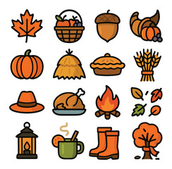Autumn Holidays modern flat .Maple leaf, harvest basket, acorn, cornucopia, pumpkin, haystack, apple pie, wheat bundle, fall hat, roasted turkey, bonfire, falling leaves, lantern,