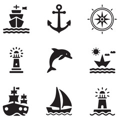 Obraz premium Nautical icons collection featuring ships anchor compass lighthouse and dolphin