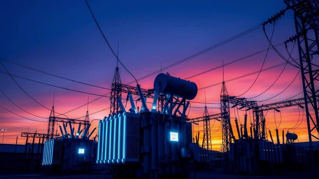Electrical substation distributing power through transformers and high voltage lines, dramatic sunset illuminating industrial energy network infrastructure