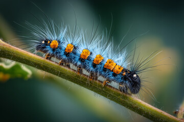 Caterpillar Detailed macro of a vibrant blue hairy on branch