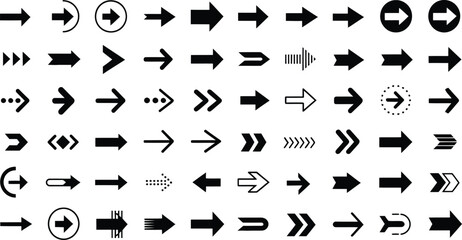 Collection of various black arrow icons pointing to the right on white background