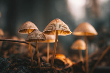 Mushroom Small Wild Mushrooms Macro Shot in Forest Undergrowth