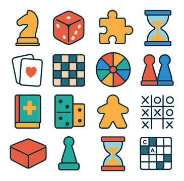 Board games and puzzles modern flat .chess piece, game die, puzzle piece, timer, card deck, checkers board, spinner wheel, game tokens, rulebook, domino, meeple, tic-tac-toe, board