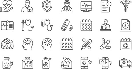 Collection of medical and healthcare outline icons on a white background design