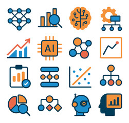 Machine Learning & AI modern flat .Neural network, training model icon, machine brain, algorithm gear, data prediction arrow, AI chip, supervised learning icon, unsupervised