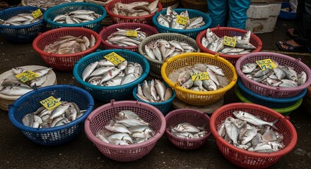 Fresh Fish Displayed in Colorful Baskets