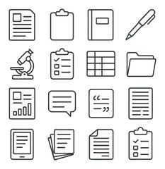 Scientific documentation line art icons. research paper, clipboard icon, lab notebook, writing pen, microscope sketch, checklist icon, data table, file folder, publication symbol,
