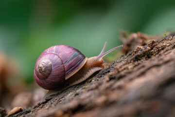 Giant African land snail crawling on rotten tree trunk