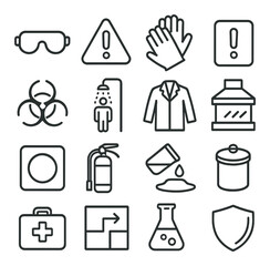 Laboratory safety line art icons. goggles icon, hazard triangle, gloves symbol, warning label, biohazard icon, emergency shower, lab coat, fume hood, safety sign, fire extinguisher
