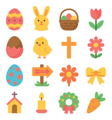 Fototapeta premium Easter Celebration modern flat .Easter egg, bunny, basket, tulip, chocolate egg, chick, cross, spring flower, painted egg, egg hunt sign, daisy, ribbon, church icon, candle,