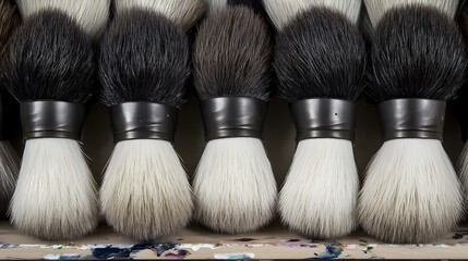 Closeup of Several Artist Shaving Brushes with Black Handles and White Bristles