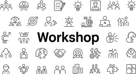 A collection of workshop icons representing teamwork, collaboration, and ideas
