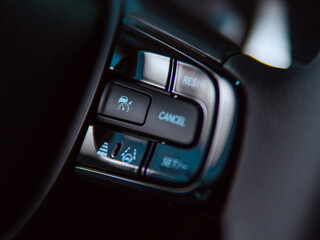 Car steering wheel controls with cruise control and lane assist features in a modern vehicle.