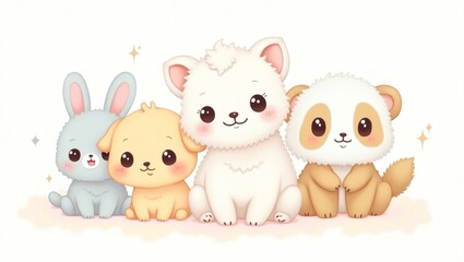 Group of Adorable Kawaii-Style Animals &ndash; Cat, Dog, Bunny, and Panda with Big Sparkling Eyes, Pastel Colors, Soft Rounded Shapes on White Background, Cute Cartoon Illustration