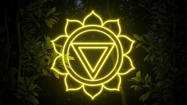 The solar plexus chakra, manipura, glows amidst lush foliage, symbolizing energy, willpower, and inner strength in spiritual healing and meditation