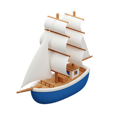 Isometric white-sailed wooden ship at sea