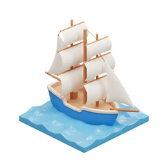 Isometric sailboat with white sails on blue water