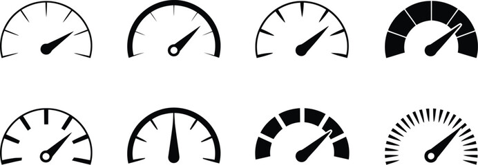 Illustration of eight black and white speedometers with varying needle positions