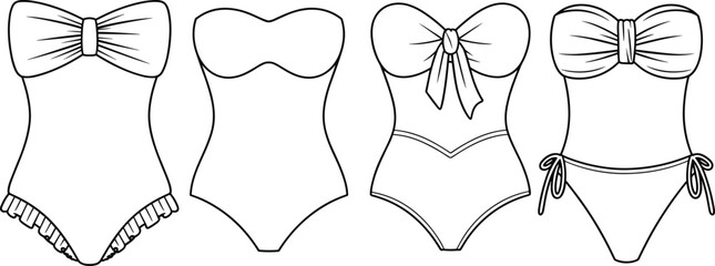 Women's Strapless One-Piece Swimsuit Collection CAD Drawing Flat Vector Fashion Template Set.