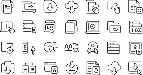 A collection of various outline icons representing data transfer and file management