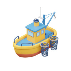 Isometric fishing boat with yellow and blue body