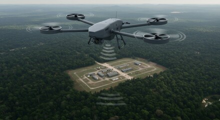 Drone flying over military base. Unmanned aerial vehicle for war reconnaissance and emergency operations in remote forest.