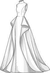 Elegant High Neck Formal Gown CAD Drawing Flat Vector Illustration with Dramatic Flowing Cape Sleeves.